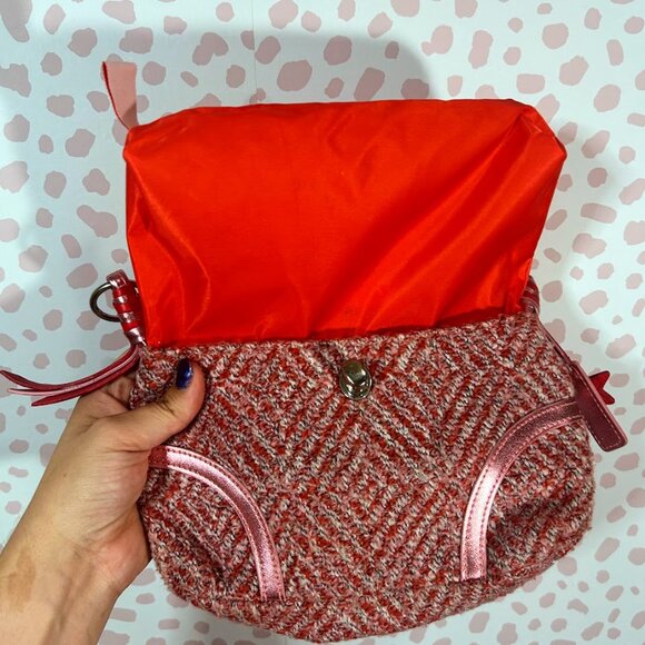 Y2K 90s Mini Bag Tweed Twill Striped Preppy Star Pink Latch Fringe Lined Purse - Picture 10 of 14